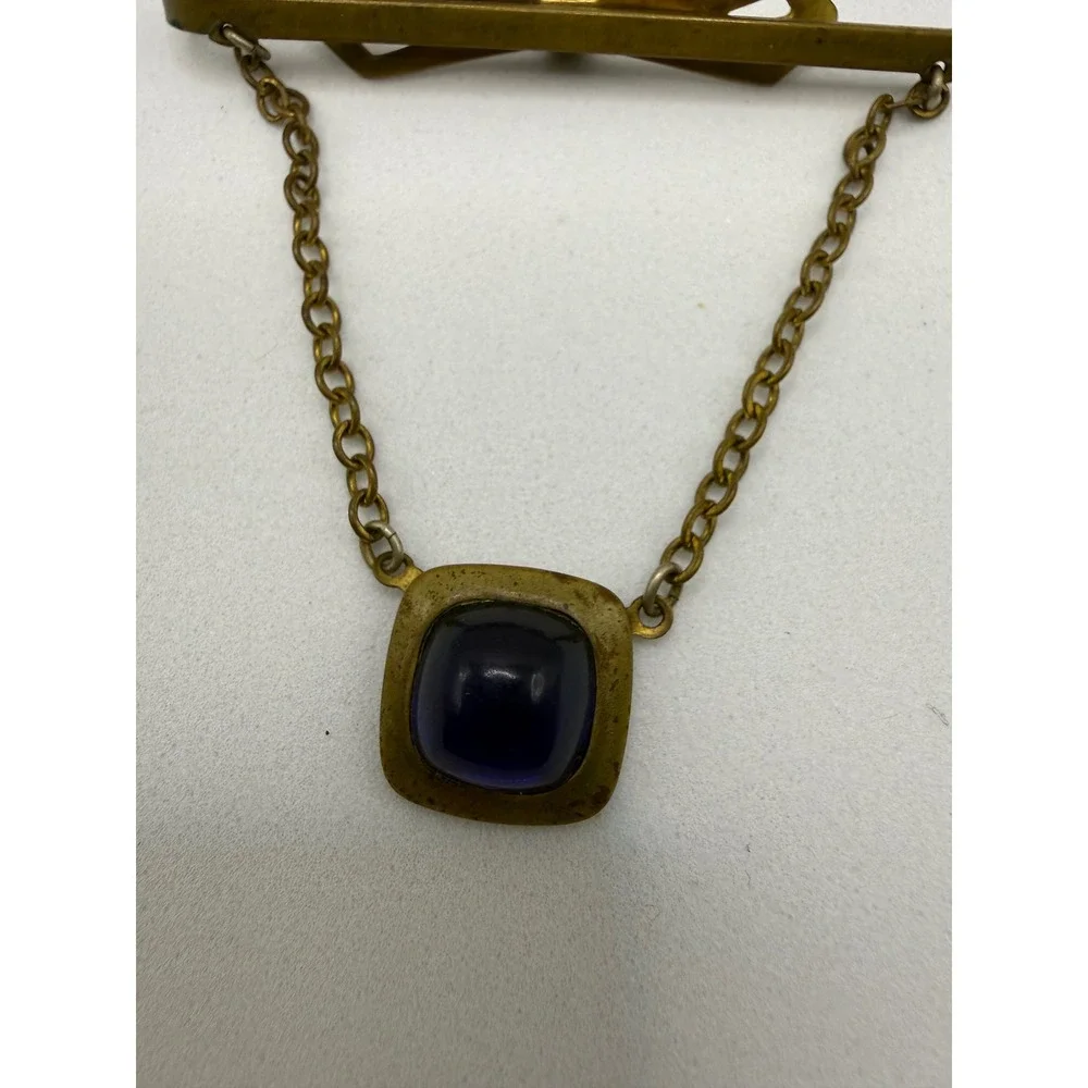 Vintage Brass Tie Bar Blue Cabochon Stone Dangling Chain Mens Accessory